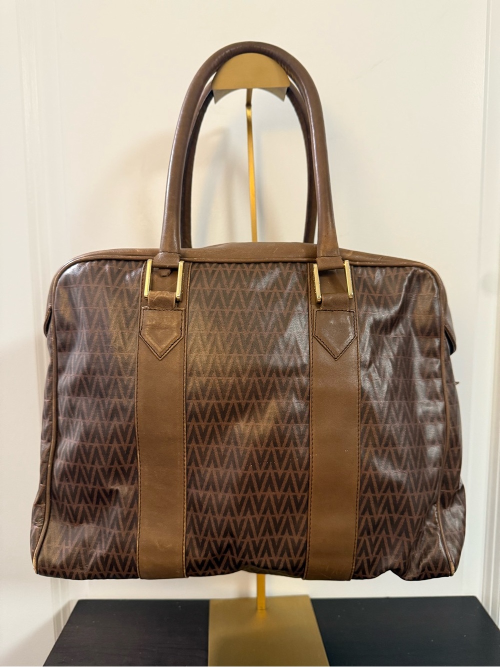 Mario Valentino Brown V-Patterned Tote with Leather Trim and Straps